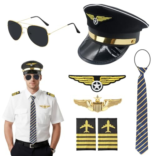 Kitimi 6PCS Flieger Verkleidung Accessoires Herren Pilot Kostüm, Kampfjetpilot Kostüm mit Sonnenbrille Pilotenmütze und Silber Erkennungsmarke, Erwachsene Outfit Accessoires für Karneval Halloween