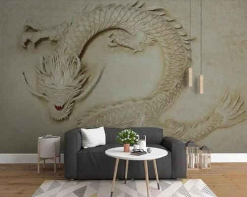 Tzxztt Cameo Cubic Personalised Art Golden Dragon Modern 3D Wallpaper Premium Textured Silk Neutral Tones Material Ideal for Living Room Bedroom-300cm×210cm