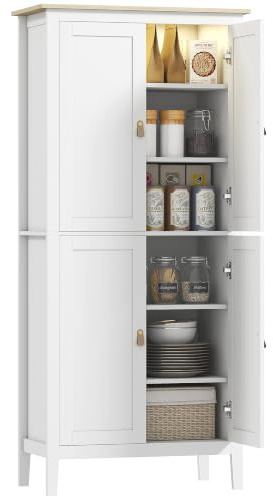 HOMCOM Tall Kitchen Cupboard with Motion Sensor LED Light 177 cm White | 3-Colour Dimmable Lighting, Freestanding Storage Cabinet, Doors, Adjustable Shelves, Kitchen Larder