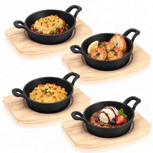 4 Pack Mini Cast Iron Skillets, 14cm Round Sizzler Pans with Wooden Bases | Cast Iron Sizzler Pans, Double Handles, Small Skillet Pans for Tapas, Starters, Desserts, BBQ and Baking