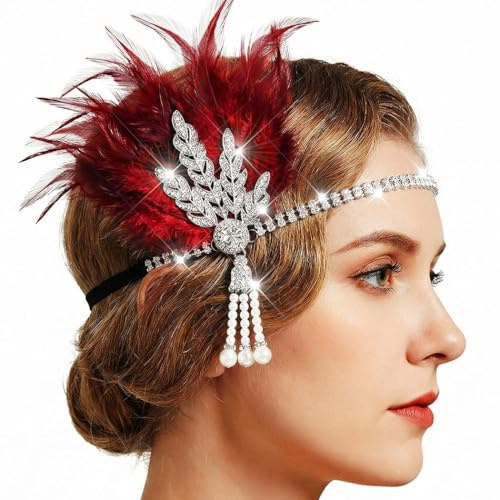 Reaky Feder-Stirnband, Gatsby-Kopfbedeckung, Flapper-Strass-Stirnbänder, 1920er-Jahre-Haarschmuck für Damen (Rot, Einheitsgrösse)