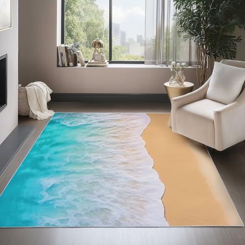 Generisch rutschfeste Teppich Mit Natur Strand Wellen, Lichtfarbe Moderner Weiche Kurzflor Teppiche Homedecoe für Wohnzimmer Schlafzimmer Esszimmer Küche Flur, 60 x 90 cm