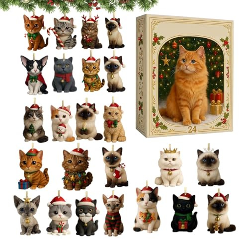 Katzen Adventskalender 2025 Mit 24 Tagen, Weihnachtskalender Mit Acryl Katzenanhänger, Deko Countdown Geschenk Für Kinder Erwachsene Damen Männer Katzenliebhaber