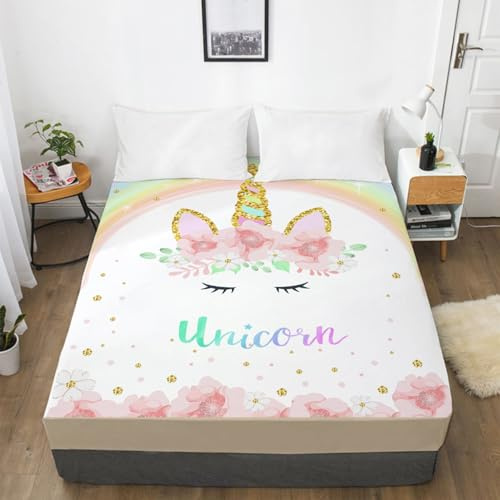 Spannbettlaken 180x200cm Goldenes Regenbogen Einhorn Bettlaken 180x200 Polyester Betttuch 180x200 Atmungsaktiv Bettbezug 180 x 200 Knitterfrei Bed Linen 30cm Tiefe Spannbettlaken