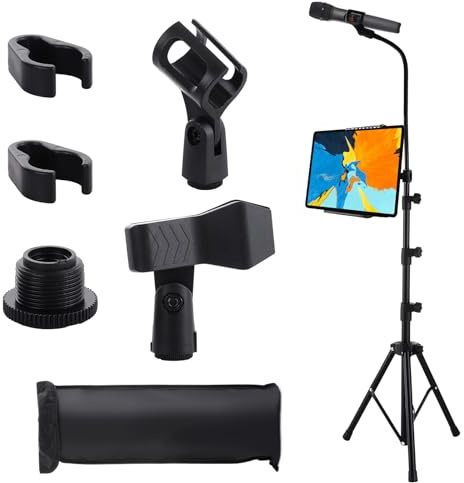 DAJAVE Microphone Stand, Tripod Boom Microphone Stand Foldable Floor Standing Mic Stands with Tablet Holder for Performance Singing Speech - with Carrying Bag