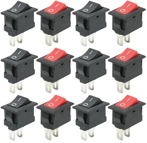 12 Stück Wippschalter KCD11, 2 Polig SPST-Kippschalter, 10 X 15 mm Kippschalter Mini, Einbauschalter Eingebettet Rechteck, Geräteschalter 3a 250v /6a 125v Ac, Schwarz Rot 2pin Ein/Aus Miniboot Switch