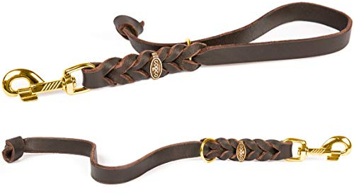 Fettleder Kurzführer, Führleine, Kurzleine (35 cm x 12 mm Messing, Braun)
