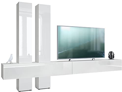 Vladon Wohnwand Moja Made in Germany Weiß matt, Weiß Hochglanz - Moderne Anbauwand für Wohnzimmer (330 x 204 x 39 cm)