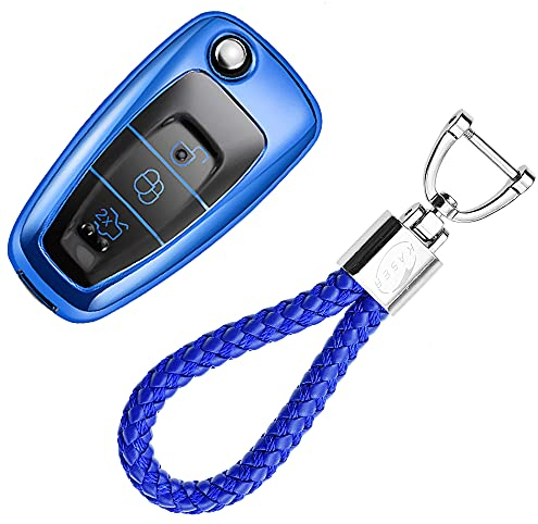 KASER Autoschlüssel Hülle kompatibel für Ford Cover TPU Silikon Hochglanz Schutzhülle Schlüsselhülle Fernbedienung Fiesta Focus Galaxy Fusion Mondeo C-Max Kuga Ecosport Schlüsselbund ( Blau)