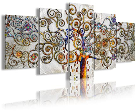 DekoArte 478 - Cuadros Modernos Impresión de Imagen Artística Digitalizada | Lienzo Decorativo Para Salón o Dormitorio | Estilo Abstractos Árbol de la Vida Gustav Klimt Plata | 5 Piezas 200x100cm XXL