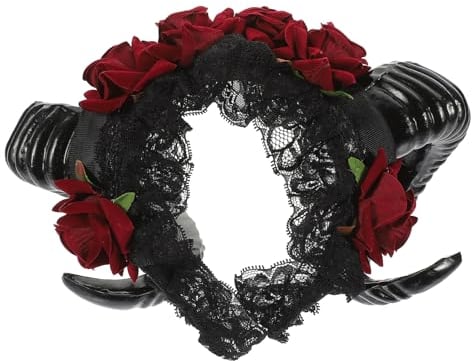 Lurrose Halloween Headband Sheep Horn Head Piece Rose Flower Hair Band Gothic Horns Headwear with Lace Veil for Festival Christmas Decor