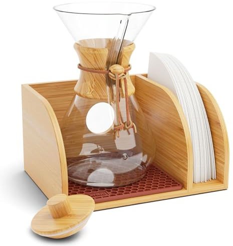 Hexnub Coffee Organizer Ständer für Chemex Filtered Coffee Maker Die Premium Bamboo Caddy Station fasst die Kaffeemaschine und Filter mit brauner Tropfmatte (Organizer Station mit Deckel)