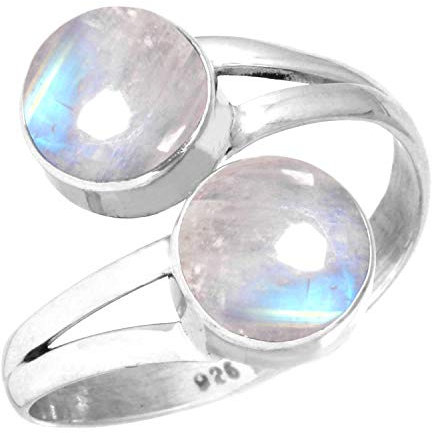 Jeweloporium Silberring mit weißem Mondstein, Größe 70 (22,3), 925er Sterlingsilberring für Damen, echter runder Stein, handgefertigter Schmuck