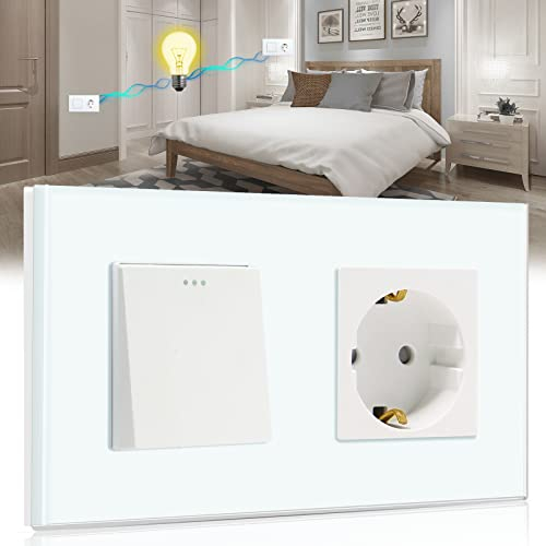 BSEED Lichtschalter mit Steckdose 1 Fach 2 Wege,10A Kristall Glas Platte Wandschalter mit 16A Schuko Steckdose Weiß,Physische Unterputz Wechselschalter mit Steckdose- 157mm