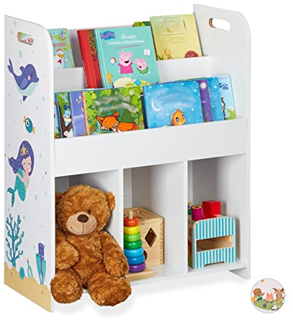 Relaxdays Kinderregal, Spielsachen & Bücher, Mädchen & Jungs, Meerjungfrau Motiv, Spielzeugregal, 75 x 62 x 29 cm, weiß