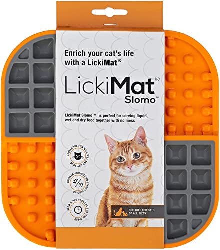 LickiMat Slomo, Cat Slow Feeder Lick Mat, Boredom anxiety reducer; perfect for food, treats, yogurt, or peanut butter. Fun Alternative to a Slow Feed Cat Bowl or Dish, Orange