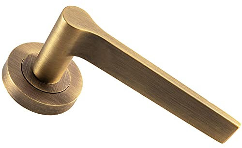 Pair Straight Rounded Handle on Round Rose - Concealed Fix - Antique Brass | Designer Door Handle Lever on Screwless Rose - Internal Door Hardware - Screws, Fixings and Spindle Included