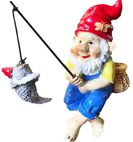 MasGo Fishing Gnome Mini Sitter, Outdoor Lawn Statue - Resin, Funny Decoration