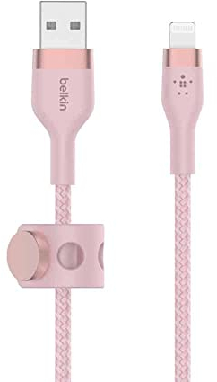 Belkin BoostCharge Pro Flex Braided USB Type A to Lightning Cable (2M/6.6FT), MFi Certified Charging Cable for iPhone 14/14 Plus, 13, 12, Pro, Max, Mini, SE, iPad and More - Pink