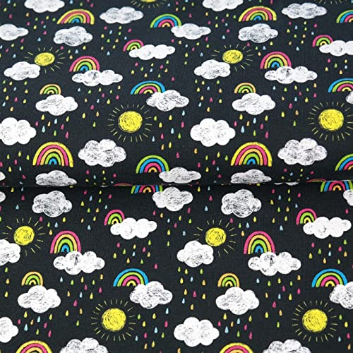 Stenzo Jersey Stoffe Regenbogen Wölkchen Bunte Tropfen Schwarz 0,50m x VB