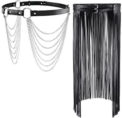 CHIC DIARY Schwarz Punk Taillengürtel Fransen Lange Quaste Rock + Hip-Hop Gürtel mit Kette Gothic Hüftgürtel für Kleid Jeans