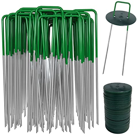 AGAKY Grapas Cesped Artificial, 40 Grapas para Jardín Mitad Verdes y 40 Arandelas, Clavos Cesped Metal, Pare, Membrana de Control de Malezas, Estera, Valla, Mallas, Tela, 150 mm / 25 mm,Ø 2,8 mm