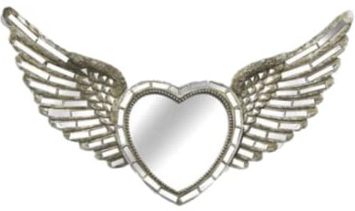 Makro Paul Moderner silberner Mosaik-Spiegel mit Herzflügeln, Wandmontage, Vintage-Retro-Stil, Shabby-Chic-Stil, Engelsflügel, Ornament, dekorativer Wohnaccessoires-Spiegel für Schlafzimmer,