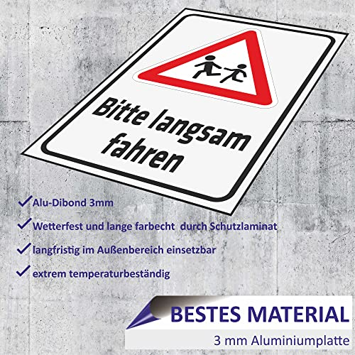 INDIGOS UG - Aluverbundplatte Schilder 3mm - Sicherheit - Bitte langsam fahren - 200x150 mm - Hotel, Firma, Schutz, KITA, Arzt, Praxis, Wohnung