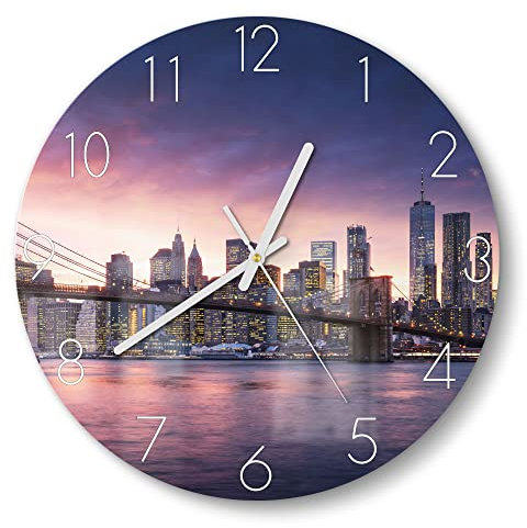 DEQORI Glasuhr | rund Ø 30 cm | Motiv Brooklyn Bridge Abendröte | ausgefallene leise Design Uhr aus Glas | Wanduhr für Wohnzimmer & Küche | Moderne Hingucker Uhr für die Wand
