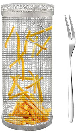 Amesor Rolling Grillkorb, BBQ Grillkorb, Runder Grillkorb Mit Gabel, Edelstahl Grillkorb Ofen Rotisserie Grill Korb Zylinder Grillkorb Grill Rack, Für Außengrill Gemüse, Französisch Pommes, 20cm