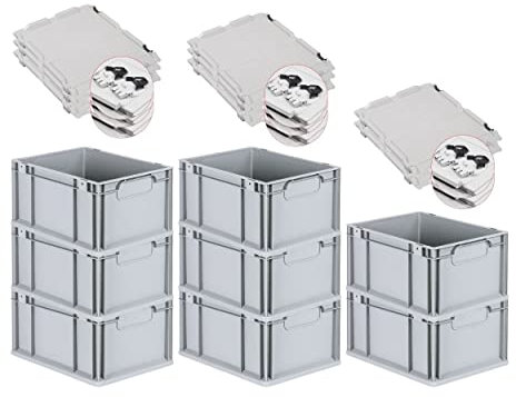 PROREGAL SuperSparSet 8x Eurobox NextGen Economy mit Scharnierdeckel & schwarzen Verschlüssen | Griffe geschlossen | HxBxT 22x30x40cm | 20 Liter | Eurobehälter Transportbox Transportbehälter