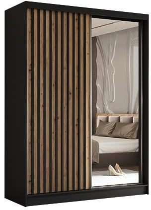 Margaret Hadas24 Kleiderschrank Erika mit Lamellen und Spiegel, Organizer, Mehrzweckschrank, Schwebetürenschrank, Garderobenschrank, Kleiderstange, Kleiderständer, Flurschrank, 160 cm, schwarz, braun