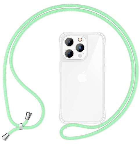 NALIA Klares Hybrid Cover mit Kette kompatibel mit iPhone 15 Pro Hülle, Durchsichtig Robust Anti-Gelb Hardcase & Silikon Rahmen, Verstärkte Ecken, Schutzhülle & Handykette, Farbe:Mint Grün