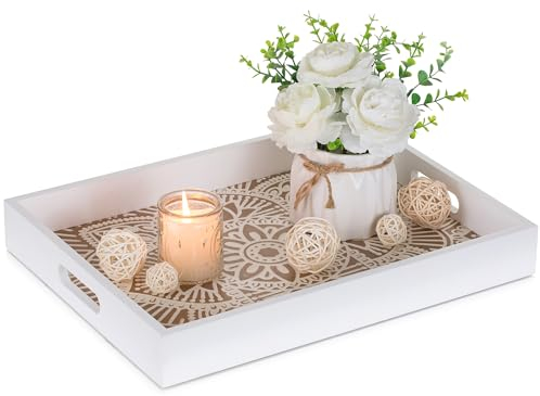 Hanobe Decorative Serving Tray White: Coffee Table with Handles for Ottoman Centerpiece Decor - Rectangular Rustic Floral Boho Wooden for Living Room Bathroom Counter