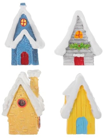 HOMSFOU 4pcs Resin Christmas House Decor - Fish Bowl, Aquarium Hideout, Party Bag Fillers, Log Cabin Ornament - Grey Mini Xmas House for Household and Holiday Decorations
