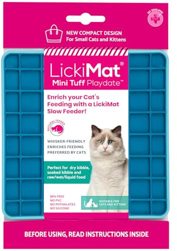 LickiMat Mini Tuff Playdate Cat Food Mat, Cat Slow Feeder for Boredom & Anxiety Relief for Cats, Perfect for Food, Treats, Yoghurt & Peanut Butter, Fun Alternative to a Slow Feeding Bowl, Turquoise