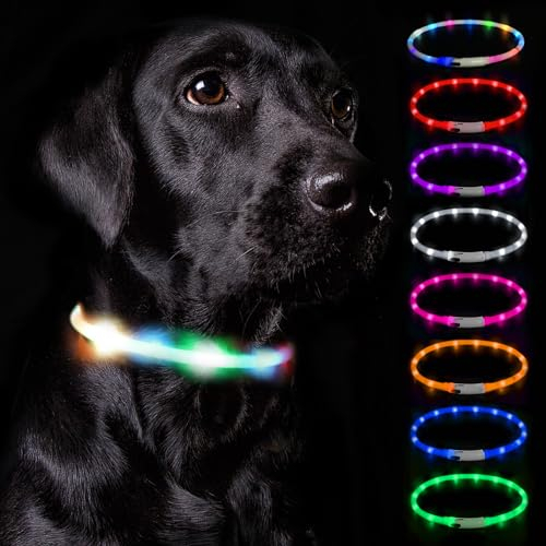 Nepfaivy Leuchthalsband Hund USB Aufladbar - Wasserdichtes Hundehalsband Leuchtend mit Verstellbarer Länge, LED Halsband für Hunde mit 3 Beleuchtungsmodi für Sicherheit, Regenbogen
