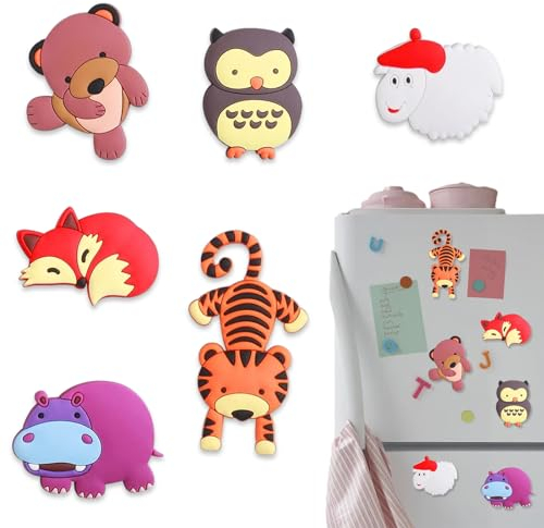 Mmgoqqt 3D Silikon Tiere Kühlschrankmagnete, 6 Stück Kühlschrankmagnete Kinder, Enthält Fuchs, Schaf, Nilpferd, Tiger, Bär, Eule, für Kühlschrank, Tafel, Heimdekoration, Whiteboard Vorschulunterricht