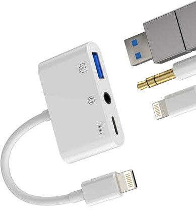 Adaptador Lightning a Jack 3.5 USB Cargador para Apple iPhone 14 13 12 11 Pro MAX para iPad Conversor Cable Auriculares OTG Adapter Cascos Auxiliar Coche Dongle Lectorlector Tarjetas Accesorios