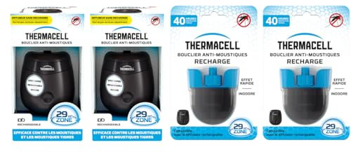 THERMACELL 2 Boucliers Anti Moustiques et Moustiques Tigres + 2 Recharges Liquides pour 80h de Protection - Extérieur, Jardin, Terrasse - Sans Fil - Rechargeable - Zone de Protection 29m²-Inodore-Noir