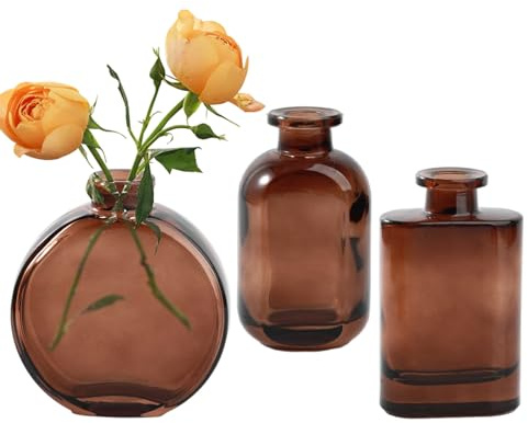 Liemuao Set mit 3 kleinen Glasvasen, Tischvasen, dekorative Vase, 3 verschiedene Größen, hydroponische Vase in Flaschenform, Glasflaschen für Hochzeiten, Geburtstage, Partys (Braun)