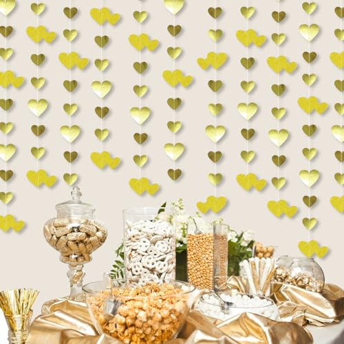 QeeFop Papier Girlande Deko, 52Ft Gold Herz Girlande Hochzeit Deko Doppelseitig Metallisches Papier Hängende Girlande für Hochzeit, Geburtstag, Brautparty Deko (Gold)