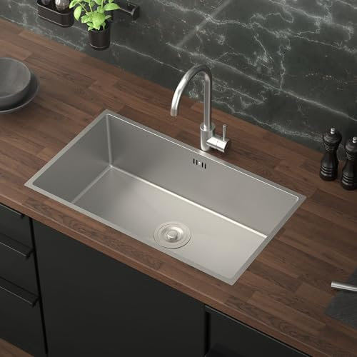 ML-Design Fregadero XXL de Cocina de un Seno 70x40 cm Plateado Lavabo Rectangular Sobre Encimera o Enrasado con Juego de Desagüe y Rebosadero Cubeta de Acero Inoxidable Anti-condensación