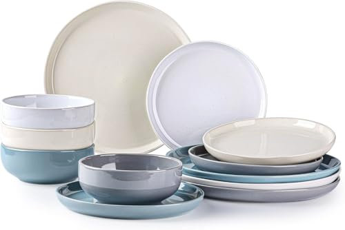 GBHOME Juego de vajilla de cerámica, juego de platos y cuencos de esmalte moteado hecho a mano, juego de platos rústicos resistentes a los arañazos, apto para lavavajillas y microondas, servicio para