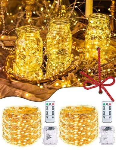Fairy Lights Battery Operated, 2 Pack 10M 100 LED String Lights with Remote & Timer & 8 Modes & Dimmable, IP67 Waterproof Copper Wire Lights for Indoor & Outdoor, Christmas, Bedroom and Garden Decor