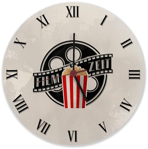 speecheese Filmzeit Wanduhr aus Alu für Filmfans Coole Uhr für Filmnerds mit Filmrolle und Popcorn als Geschenk für Liebhaber von Kinofilmen