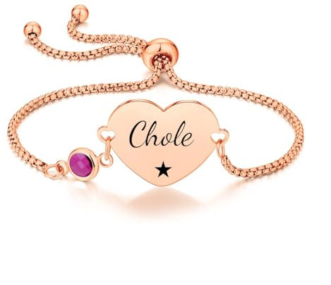 Personalise Heart Charm Bracelet Engraved Name with Birthstone in 3 Colours, Symbols, Gift for Wife, Mother, Grandmother Sister Auntie Birthday Gift 16th, 18th, 21st 30,40, 50th. (Rose gold)