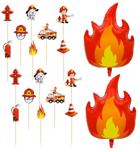 CVFRTT 16 Stück Kucheneinsätze Mit Feuermotiv, 2 Stück Feuerballons, Feuerwehr-Kuchendekorationszubehör, Feuerwache-Kuchenaufsatz, Kindergeburtstagsparty-Dekorationen