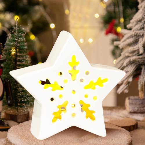 Lergas LED Stern Weihnachtsdeko, Porzellan Weihnachtsstern Beleuchtet, LED Weihnachtsdeko Weiß Stern Stehend, Keramik Stern Weiß mit LED Licht für Weihnachtsdeko Innen, Fensterbank, Tischdeko (A)