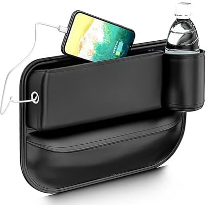 Car Seat Gap Filler Organizer, Car Seat Storage Box with Cup Holder, 2 in 1 Front Seat Car Leather Gap Bag, Car Accessories Interior in Between Seats for Phones Wallet Cards Keys Sunglasses (Black)